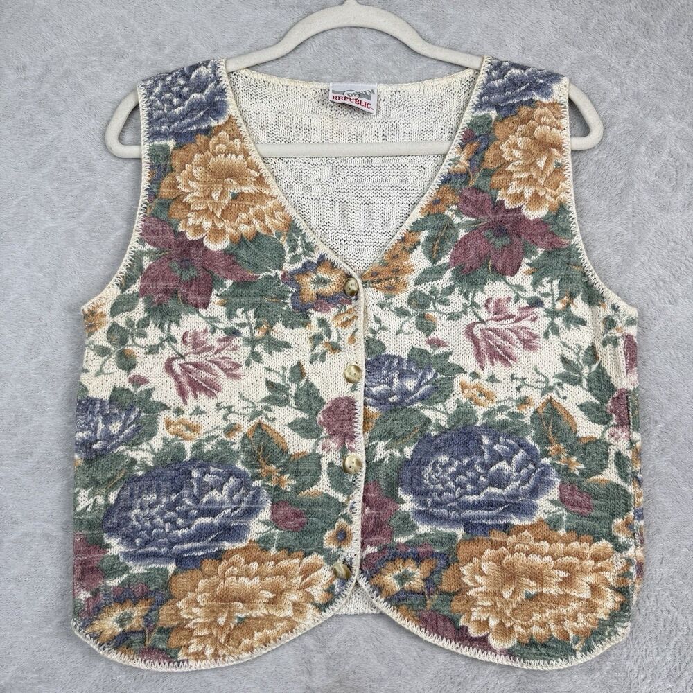 Vtg 90s Sweater Vest Women Medium Floral Knit Cottage Grandma Feminine Retro 80s